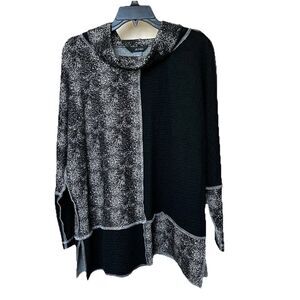 Ali Miles Tunic Top Womens Lg Black White Cowl Neck Artsy Lagen Patchwork Block